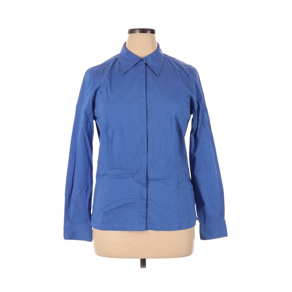 Liz Claiborne Womens Blue Button-Up Long-Sleeve Shirt Size 14 Cotton Blend Colla